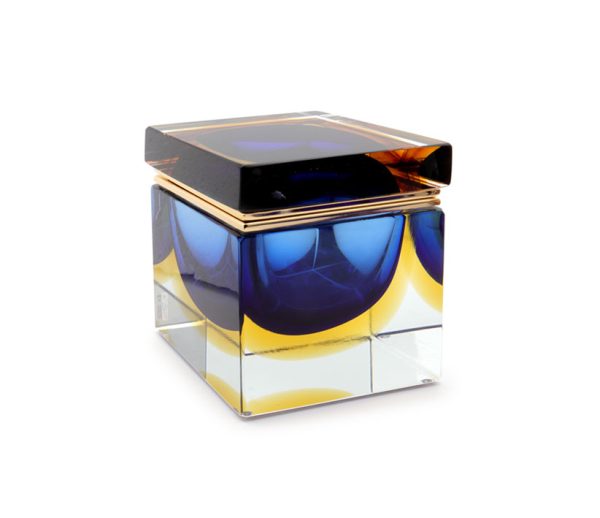 Elegant end Unique Jewelry Box, Medium size, Square shape, Cobalt+Ambre color, Original Murano Glass. Handmade by Alessandro Mandruzzato.