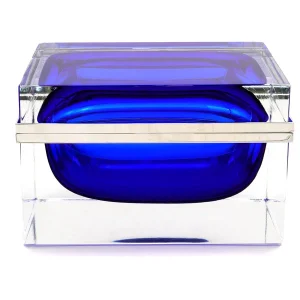 Exquisite Cobalt Blue Rectangular Box by Alessandro Mandruzzato, featuring authentic Murano glass certified by a Trademark of Origin, embodying Venetian craftsmanship.